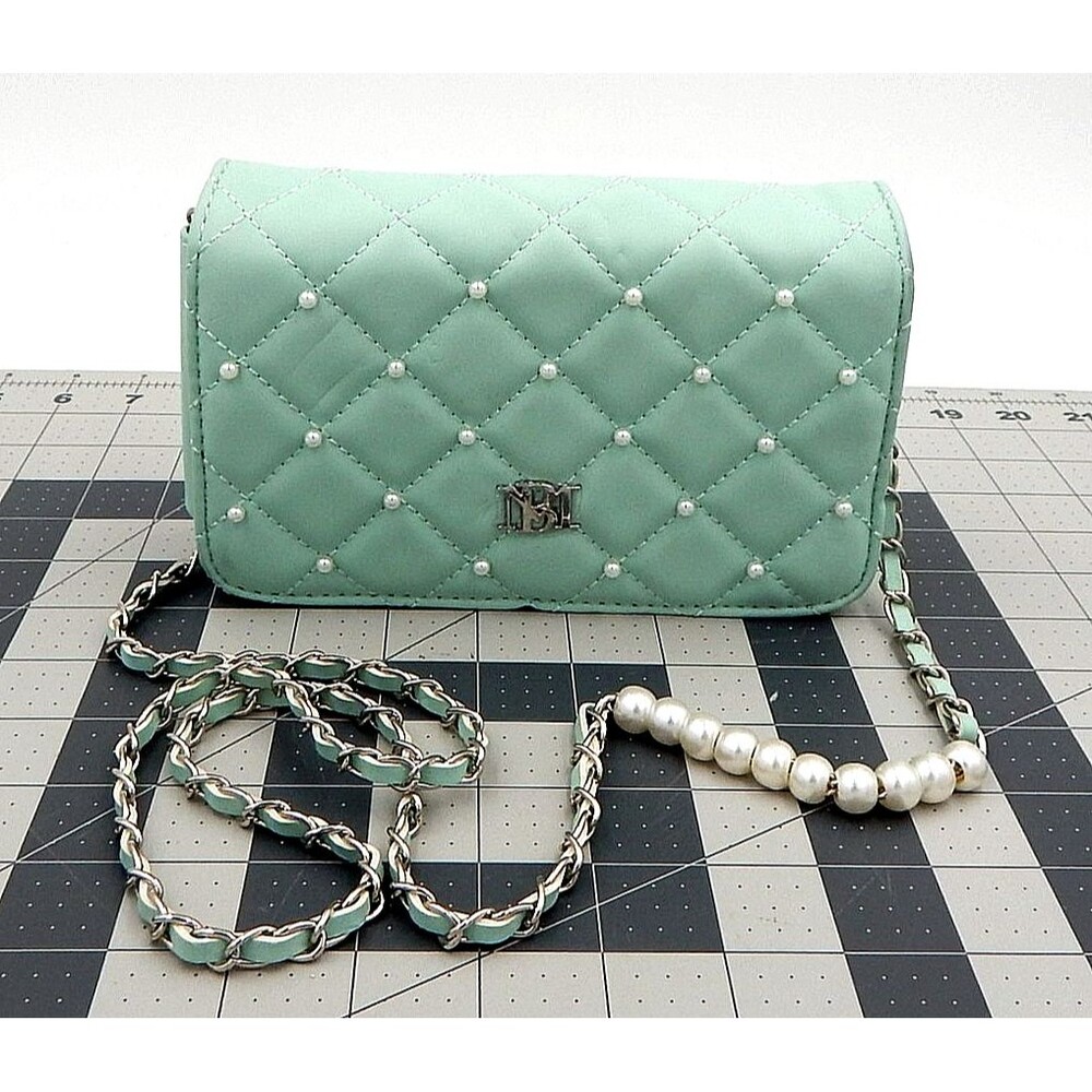 Badgley Mischka Mint Pearl Quilted Crossbody Bag Flap Magnetic Closure